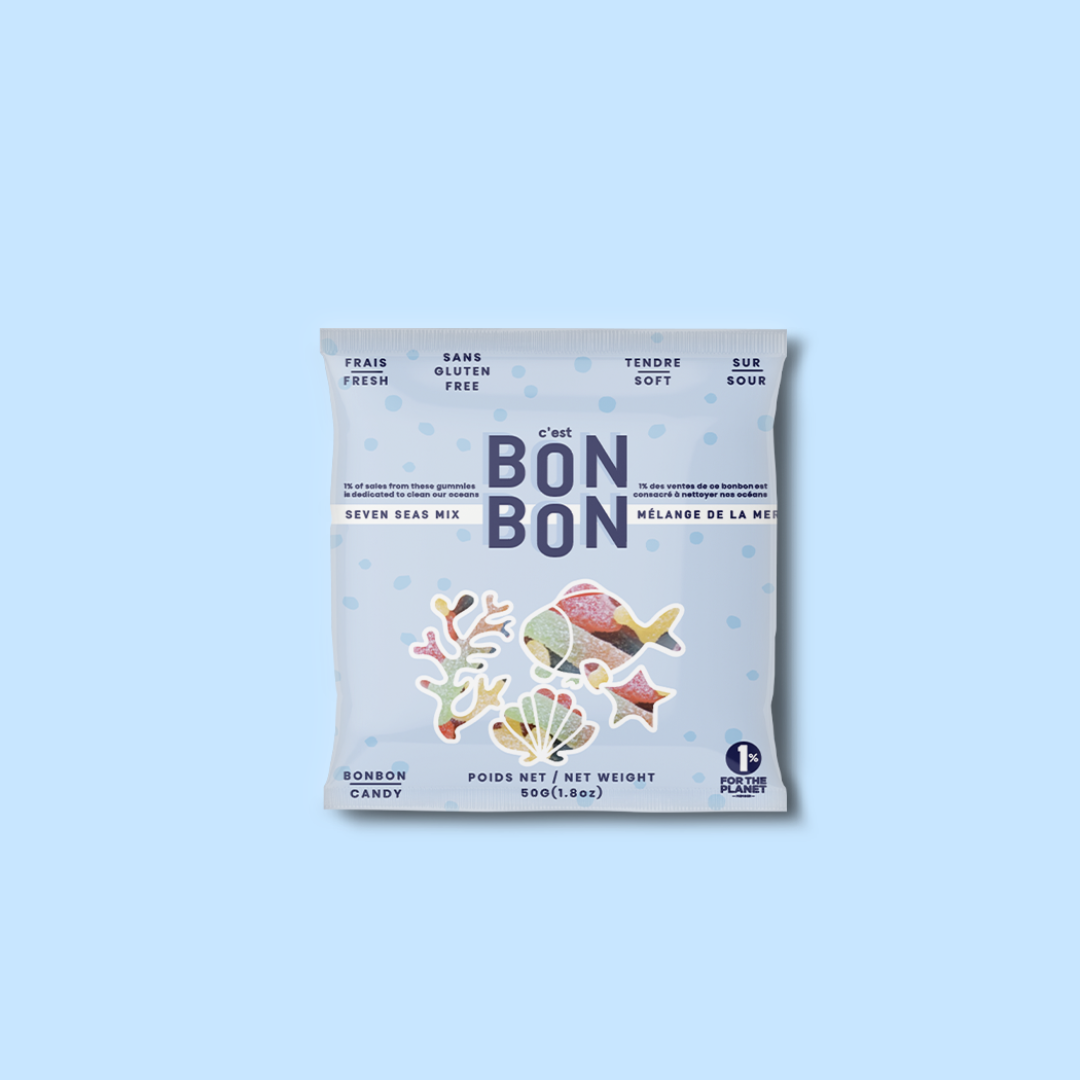 Packaging for Seven Seas Mix Gummy Candies by C'est BONBON, featuring various fruit-flavored gummy candies.