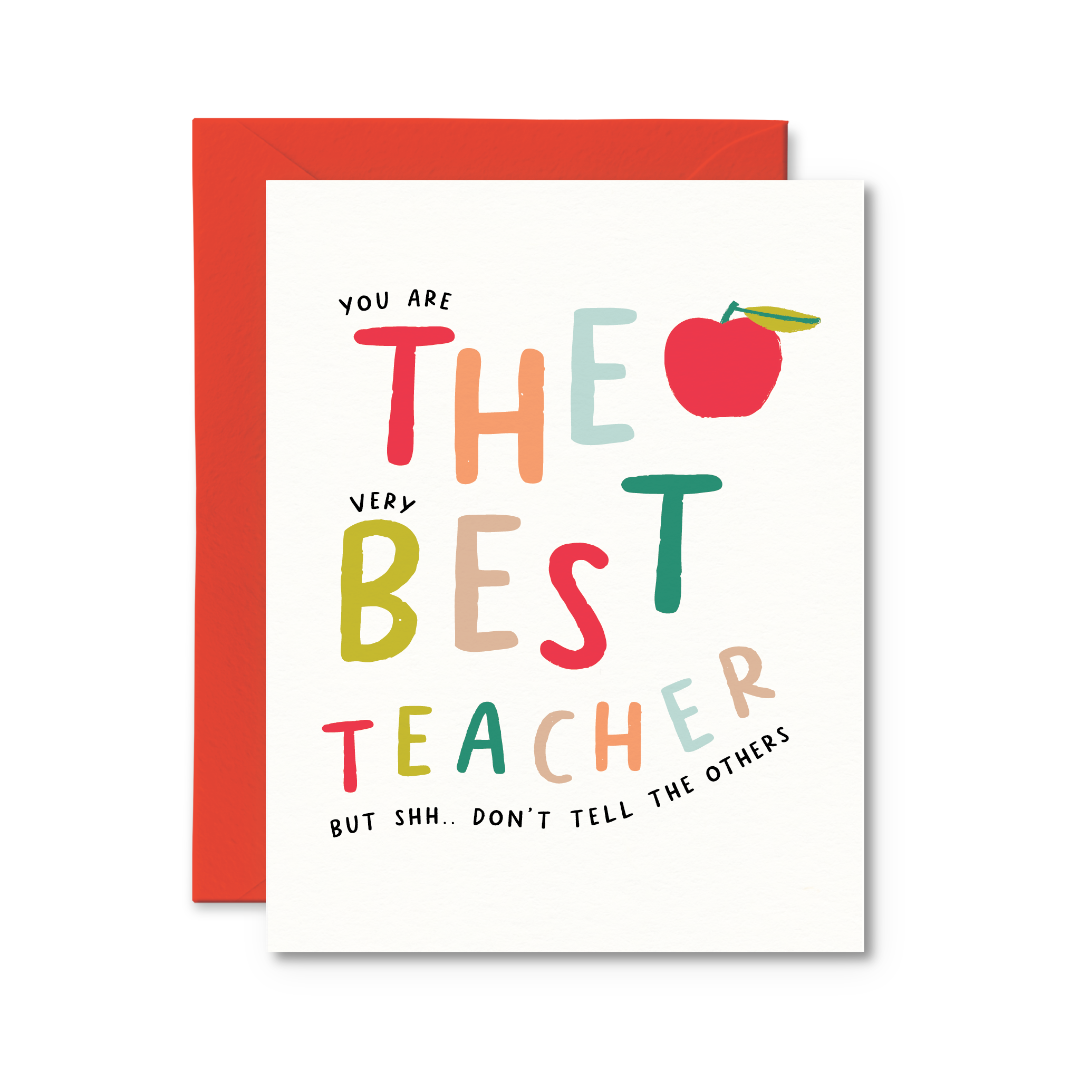 Greeting card with colorful text 'You are the very best teacher' and an apple illustration on a white background.