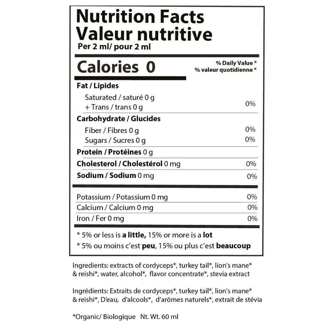 Nutrition facts label for a product with 0 calories per 2 ml, featuring both English and French text.