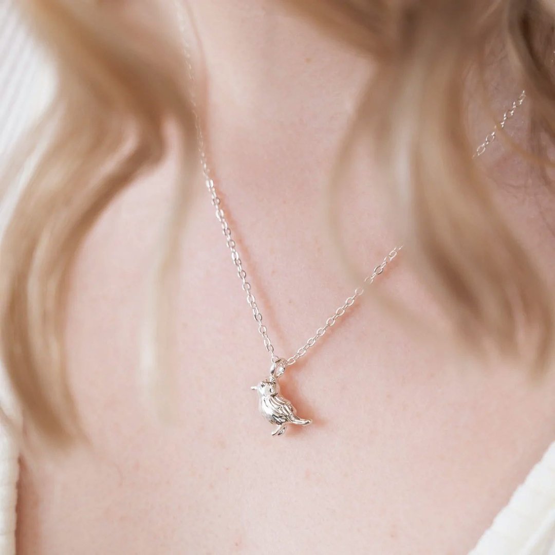 A silver bird pendant on a silver plated chain.