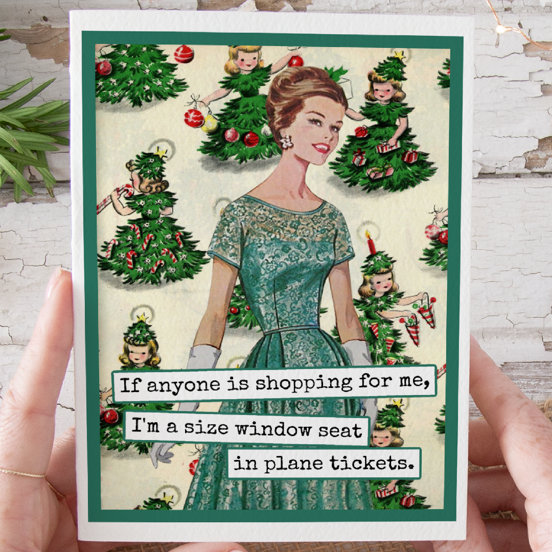 Vintage-style Christmas card with a woman in a green dress surrounded by Christmas trees and children.