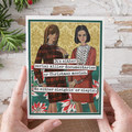 Card with two women and text about serial killer documentaries and Christmas movies, held by hands on a rustic background.