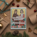 Card with two women on a Christmas-themed background surrounded by gift wraps and ornaments.
