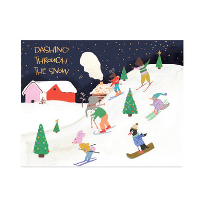 Illustration of people skiing and snowboarding in the snow with a dark blue sky.