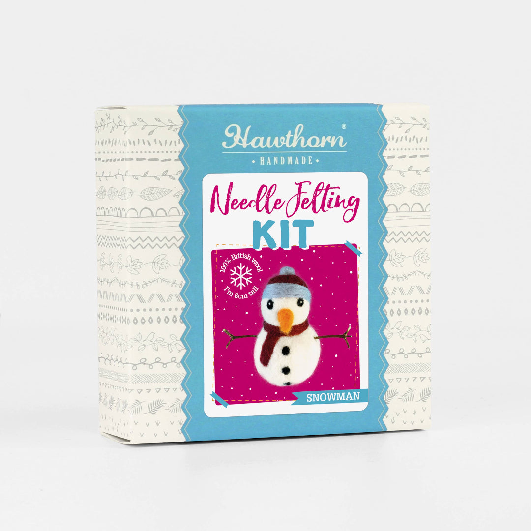 Hawthorn Handmade needle felting kit packaging with a snowman design on a white background