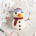 Small snowman figurine with a red scarf and blue hat on a textured white background with paper snowflakes.