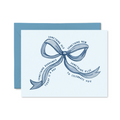 Greeting card with blue bow design and text on a white background