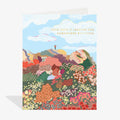 Greeting card with colorful landscape illustration and motivational text on a white background