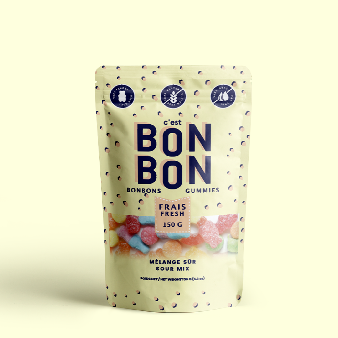A package of C'est BONBON sour mix gummy candies, showing various colorful gummy shapes through the transparent window of the packaging.