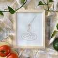 Framed artwork of a fork and spoon on a decorative tablecloth with tomatoes and an avocado.