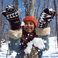 Star Mittens, indigenous designed mittens in a black and white pattern. Made from an outer layer of wool and a inner sherpa lining.