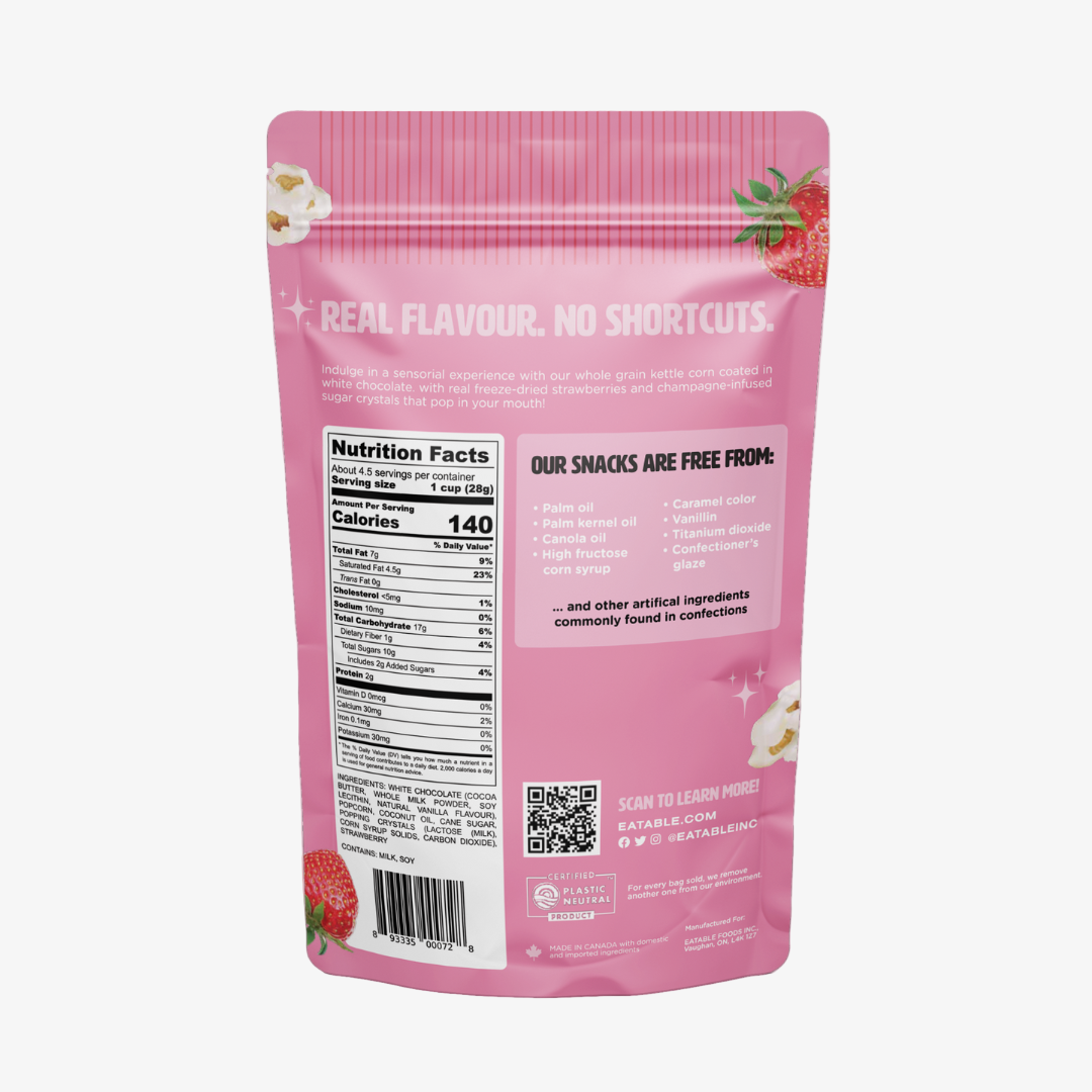 Pink snack package with nutrition facts label on a pink background