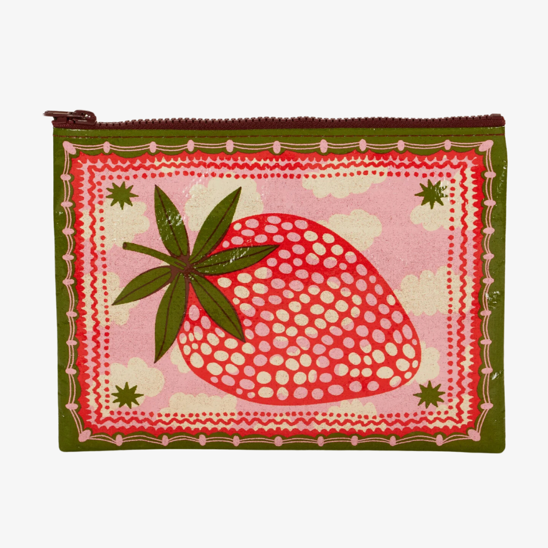 A zippered pouch with a playful strawberry design. The pouch has a green background with a large pink strawberry in the center, surrounded by white clouds and stars. The strawberry has detailed leaves and seeds.