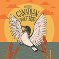 Illustration of a bird with 'Stupid Canadian Wolf Bird' text against an orange sky with clouds and water with reeds.