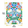 Floral patterned towel with 'Stupid Dishes' text and measurements on a white background