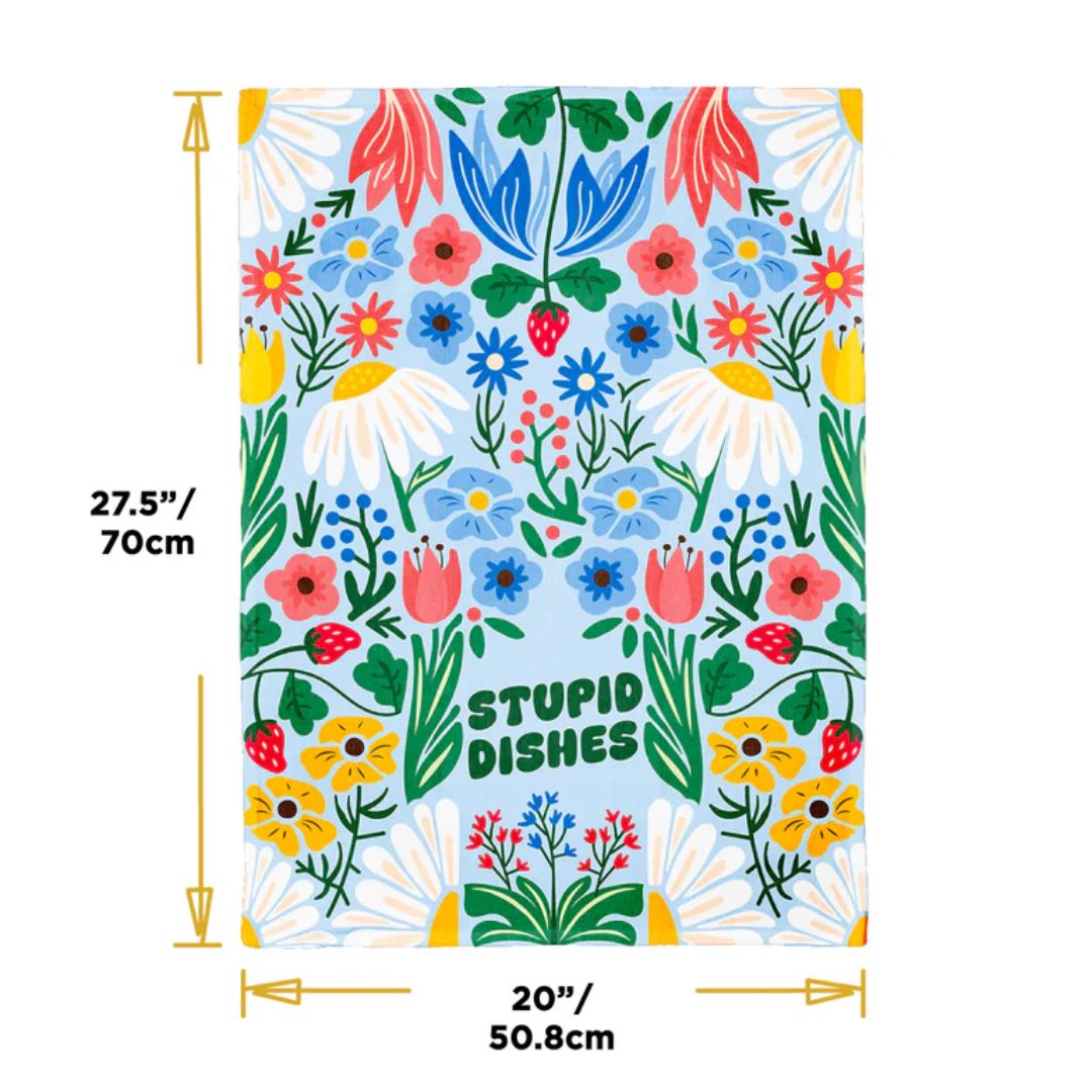 Floral patterned towel with 'Stupid Dishes' text and measurements on a white background