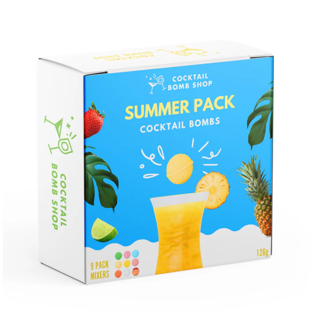 Cocktail Bomb Shop Summer Pack cocktail bombs box with tropical elements on a white background