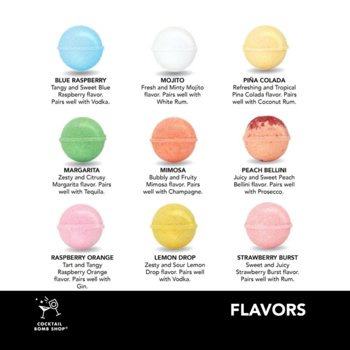 A Summer Cocktail Bomb Variety Pack, featuring colorful, fruit-flavored drink mixers in a white box, with a hand picking up a yellow cocktail bomb. The image includes strawberries, pineapples, and limes against a bright blue background. Available in Ottawa, Ontario, Canada.