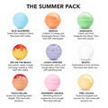 Illustration of 'The Summer Pack' with colorful bath bombs and flavor descriptions on a white background.