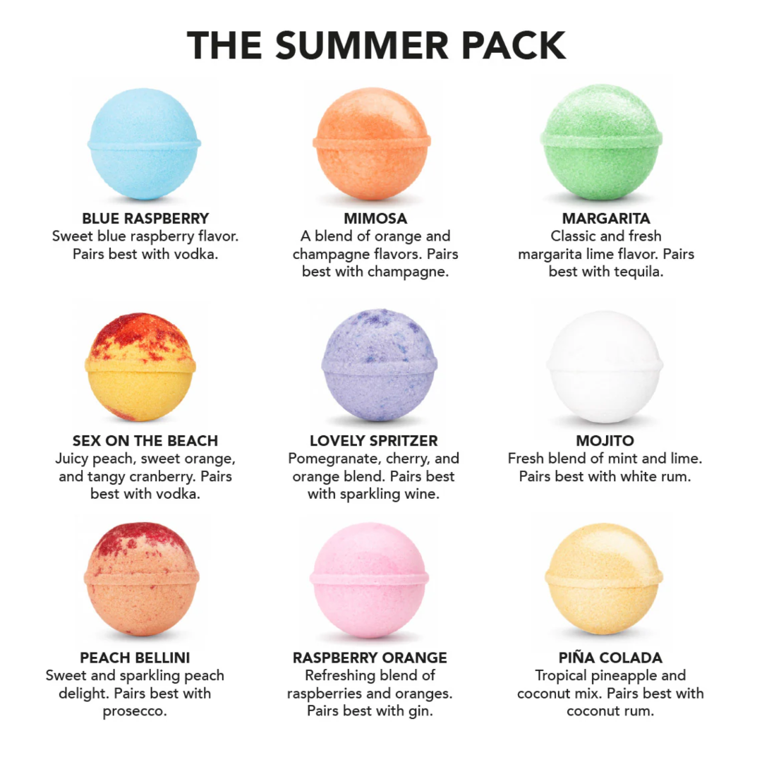 Illustration of 'The Summer Pack' with colorful bath bombs and flavor descriptions on a white background.