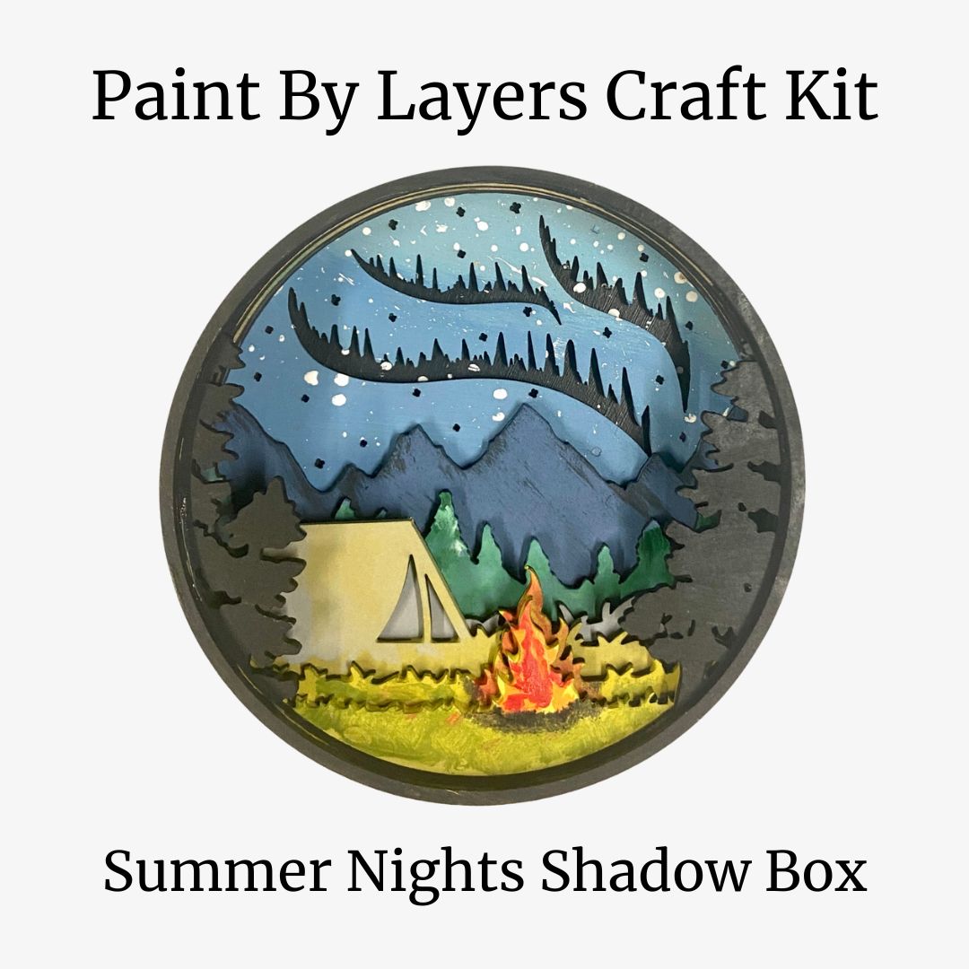 Paint by Layers Craft Kit for 'Summer Nights Shadow Box' with a scenic design of a tent and campfire.