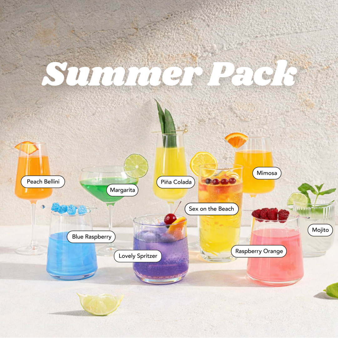 Assorted colorful cocktails with names on a textured surface