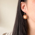 Sun-shaped earrings worn by a person with long dark hair against a neutral background