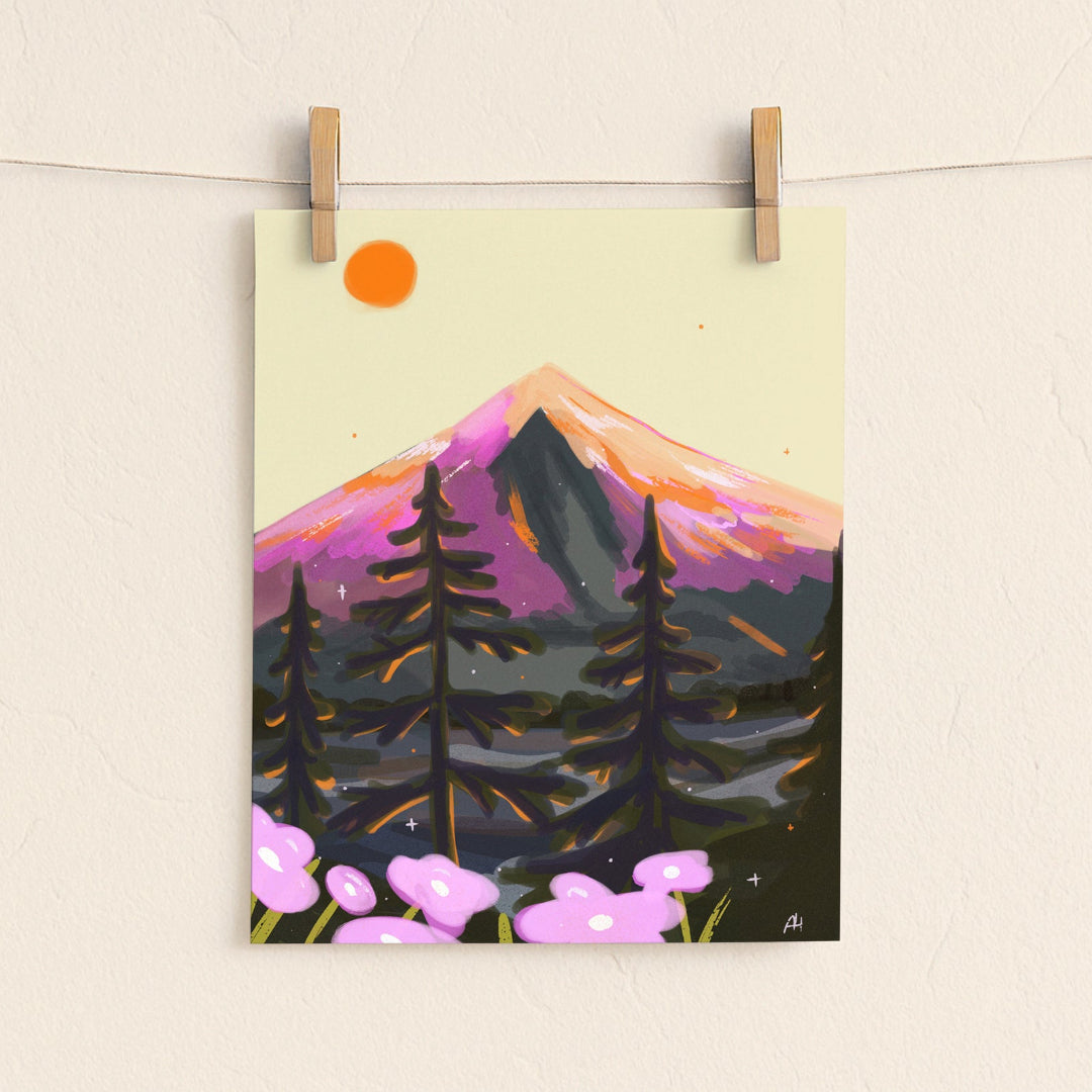 Painting of a mountain landscape with trees and flowers, hanging on a string with wooden clips.