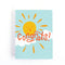 A congratulations card featuring a smiling sun with rays shining on clouds. The text 