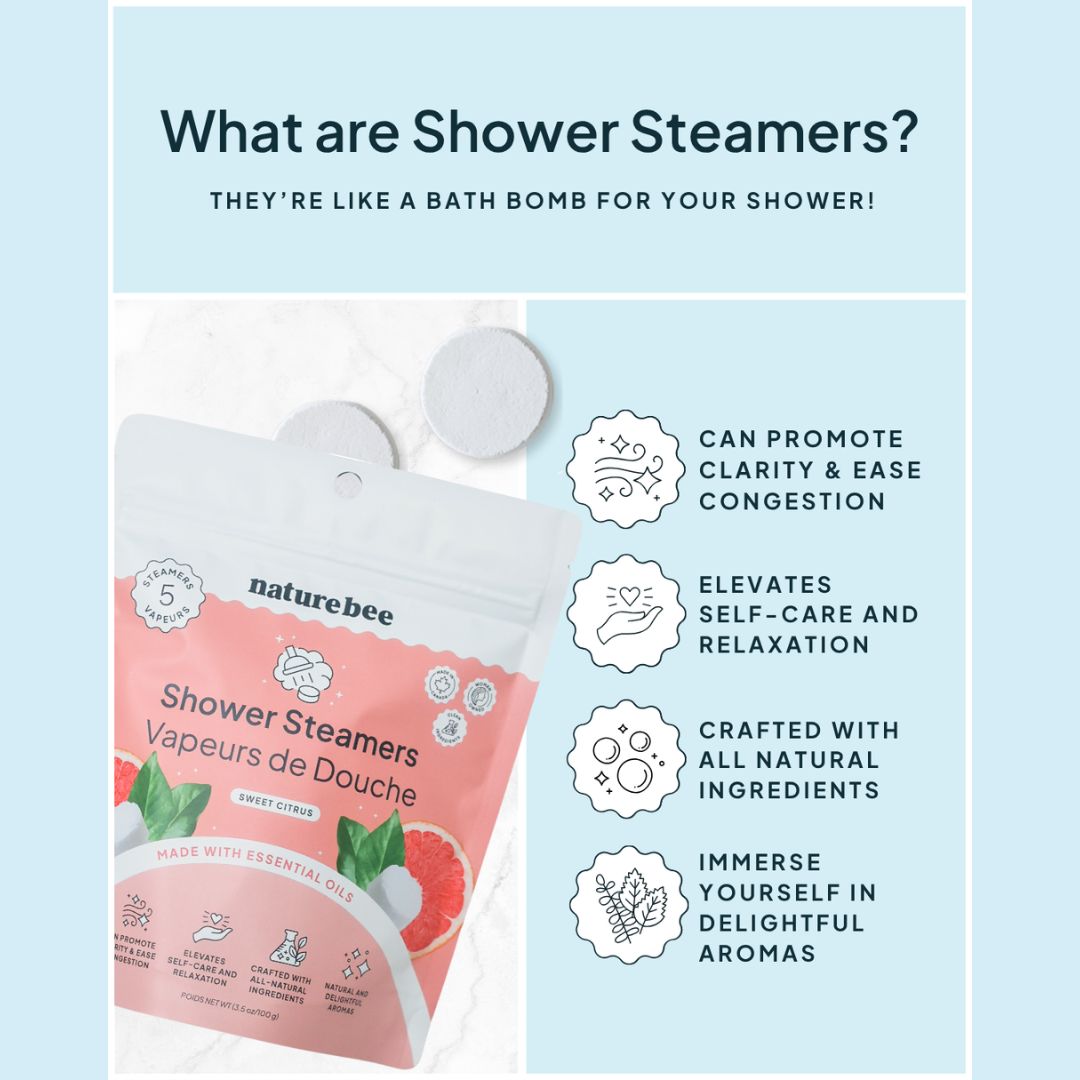 Naturebee shower steamers packaging with product description on a light blue background