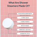 Infographic on shower steamers with ingredients listed on a pink tiled background