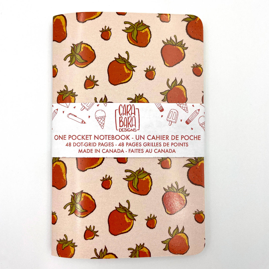 Notebook with strawberry pattern and Cara Bara branding on a white background
