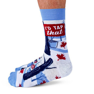 Socks with a design of a beer tap, leaves, and text 'I'd Tap That' on a white background.
