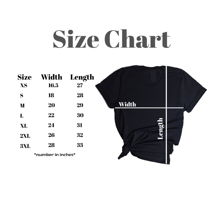 A size chart for a t-shirt. The chart includes information about the size, width, and length in inches. The text 