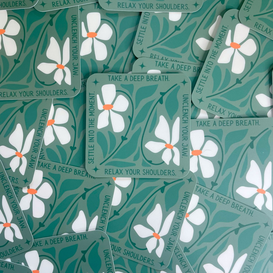 Stickers with floral designs and relaxation text on a green background