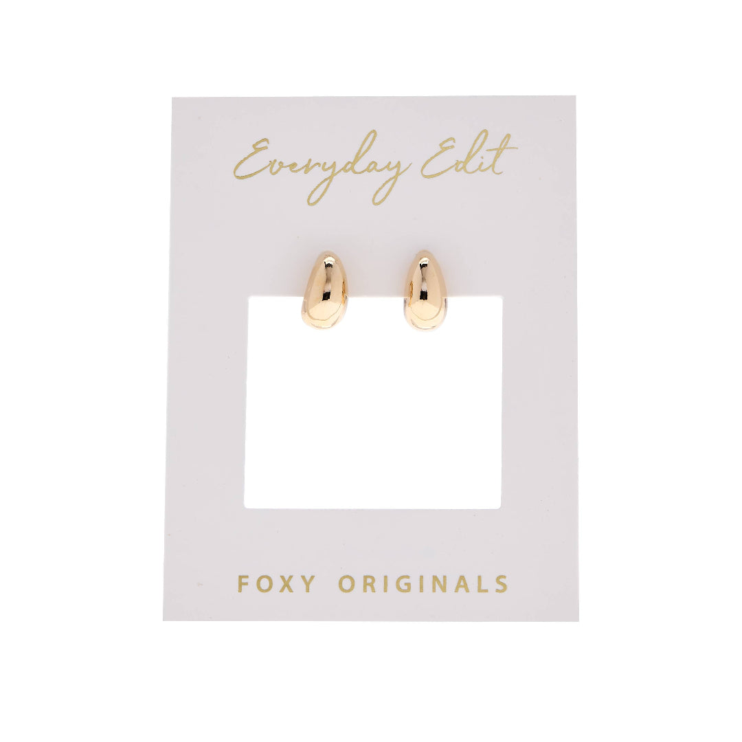 Gold earrings on a 'Everyday Edit' card with 'Foxy Originals' branding.