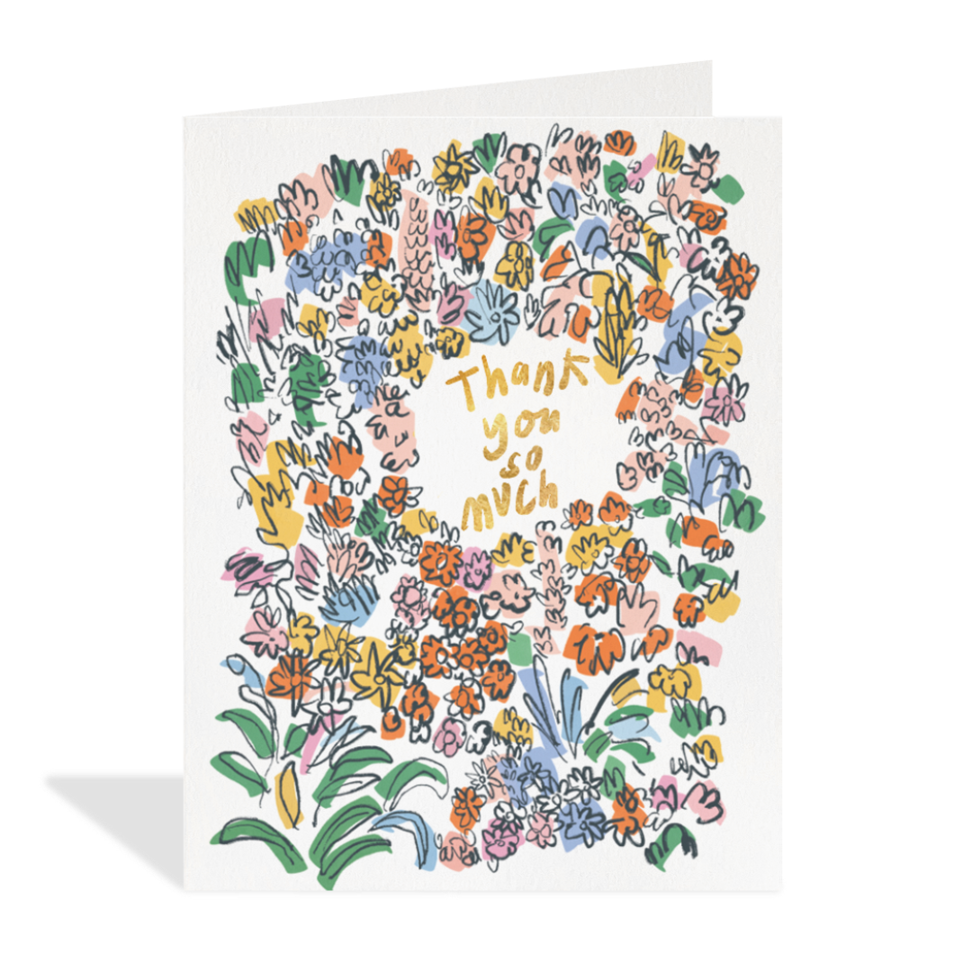 Greeting card with colorful floral design and 'Thank you so much' text on a white background