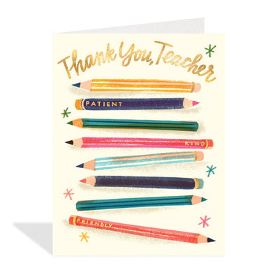 Cream-coloured greeting card featuring colourful illustrations of striped pencils in shades of orange, blue, green, pink, and red, with words like 
