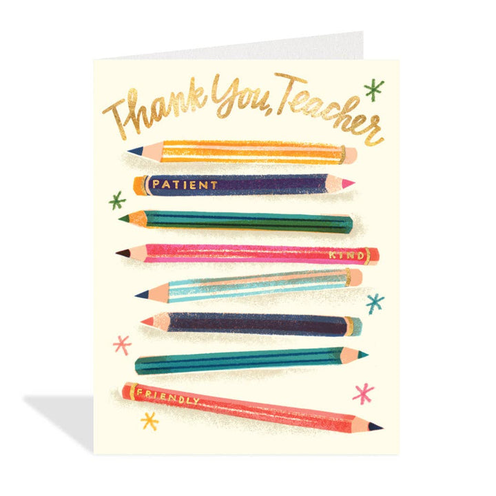 Cream-coloured greeting card featuring colourful illustrations of striped pencils in shades of orange, blue, green, pink, and red, with words like 
