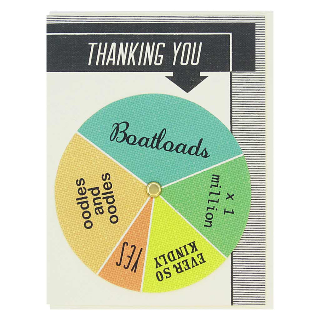 Colorful wheel with text on a card, featuring the phrase 'Thanking You Boatloads'.