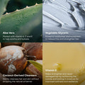 Product features with aloe vera, vegetable glycerin, coconut-derived cleansers, and vitamin E.