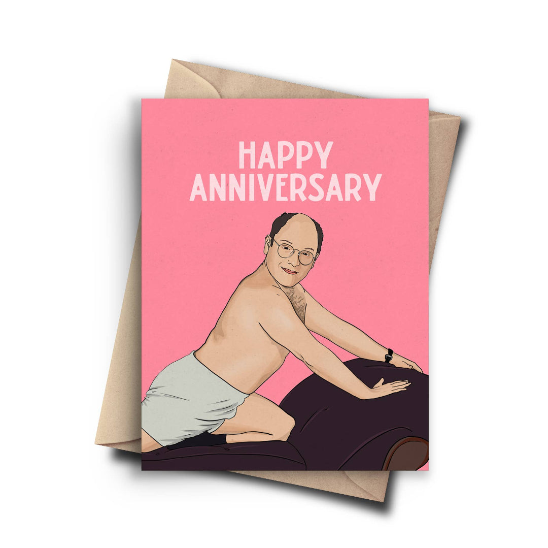 A pink 'Happy Anniversary' greeting card featuring a cartoon illustration of a bald man in white briefs sitting on a dark chair, shown with a brown envelope on a white background.