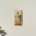 Vintage-style card with a woman and fans on a textured beige background