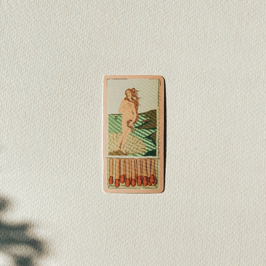 Vintage-style card with a woman and fans on a textured beige background