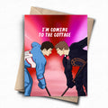 Greeting card with two animated characters facing each other and text 'I'm coming to the cottage' on a red and pink background.