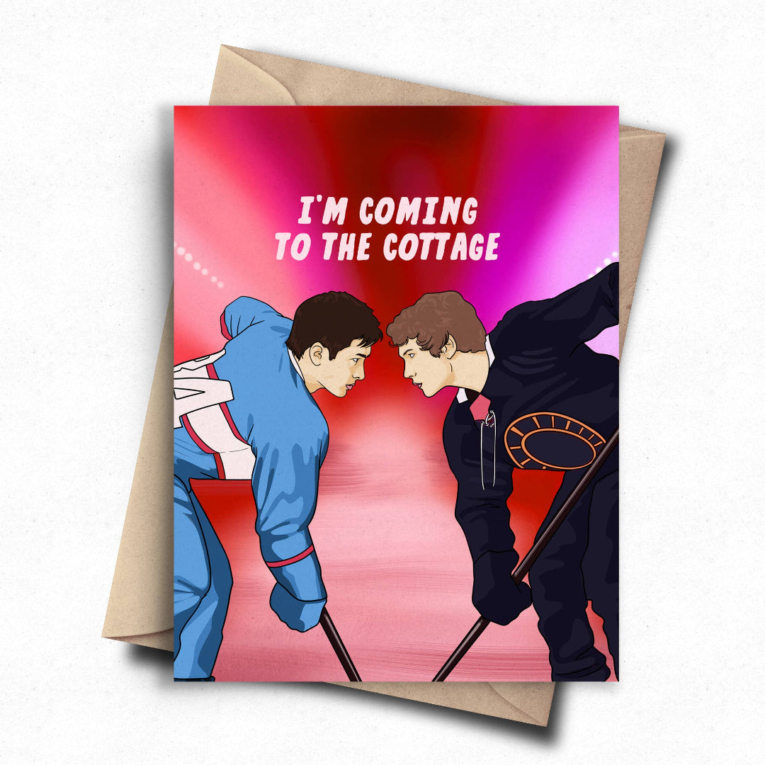 Greeting card with two animated characters facing each other and text 'I'm coming to the cottage' on a red and pink background.