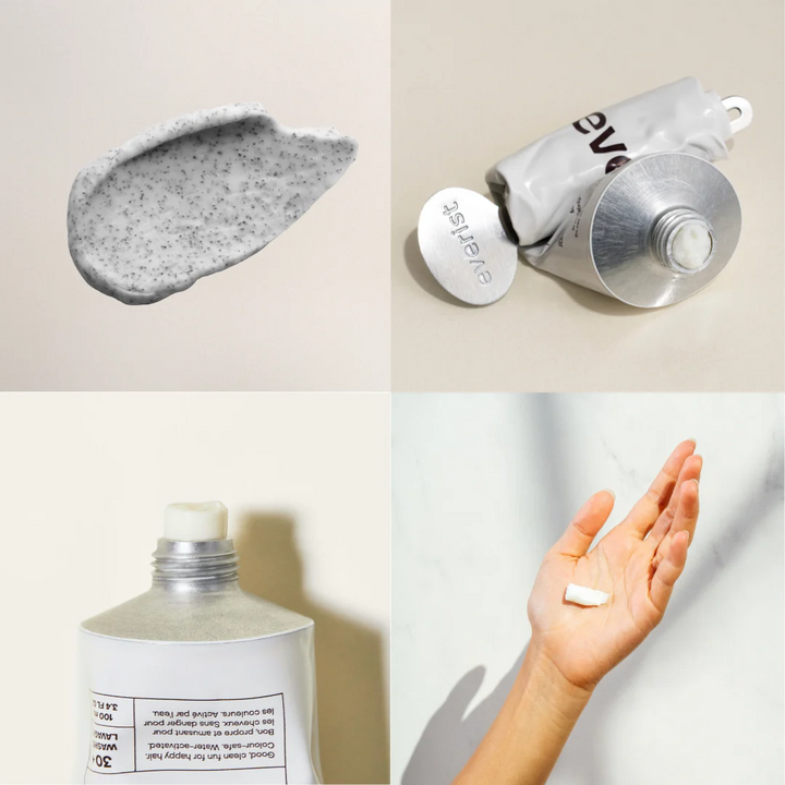 The Exfoliating Body Wash Concentrate, in four collage images one of the body wash swatched, one of the tube squeezed to the end with the key included, another of the tube being squeezed with a small amount of product sticking out, and the last a small amount of body wash in a persons hand.