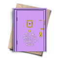 A purple greeting card designed to look like a door with the text 'THE ONE WHERE YOU BOUGHT A HOUSE' in white bubble letters, shown with a brown envelope on a white background.