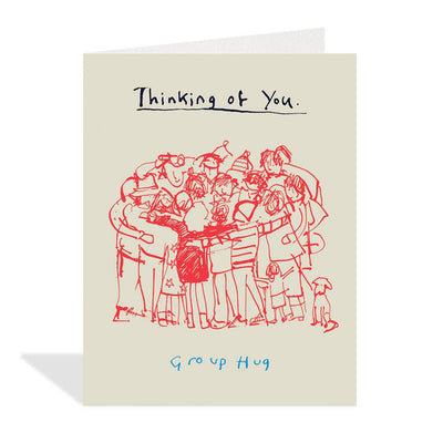 Greeting card with red illustration of people hugging and text 'Thinking of You. Group Hug' on a beige background.