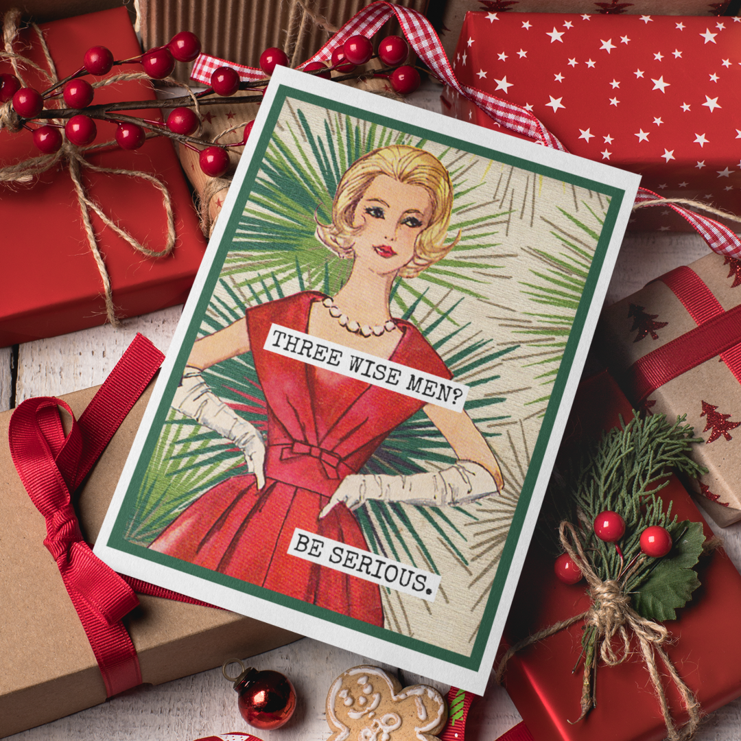 Christmas card with a woman in a red dress surrounded by festive decorations and presents.